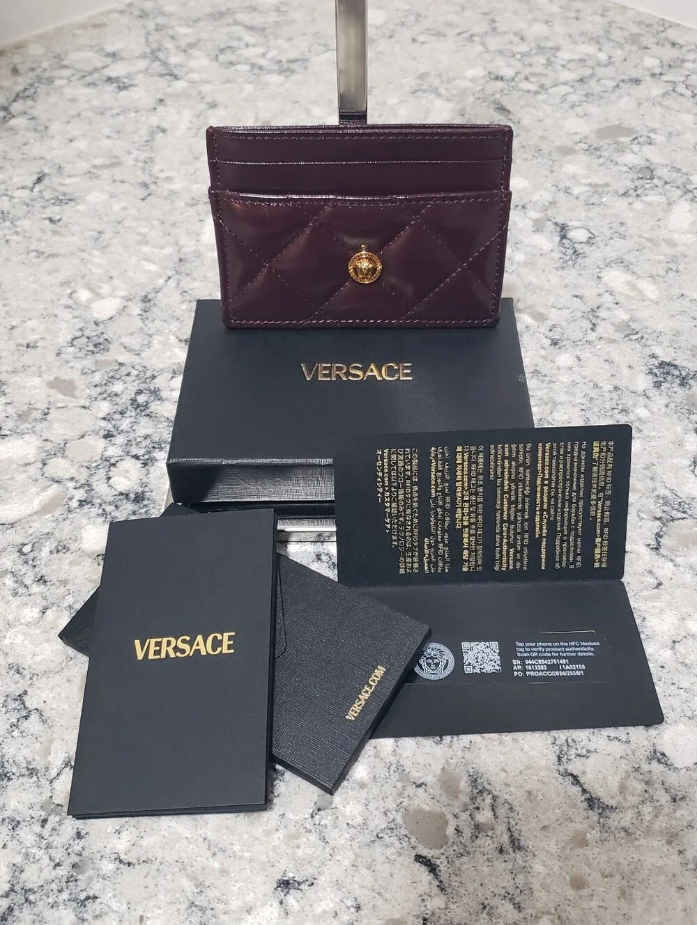 Versace Burgundy Quilted Leather Gold Medusa Card Case Holder NIB